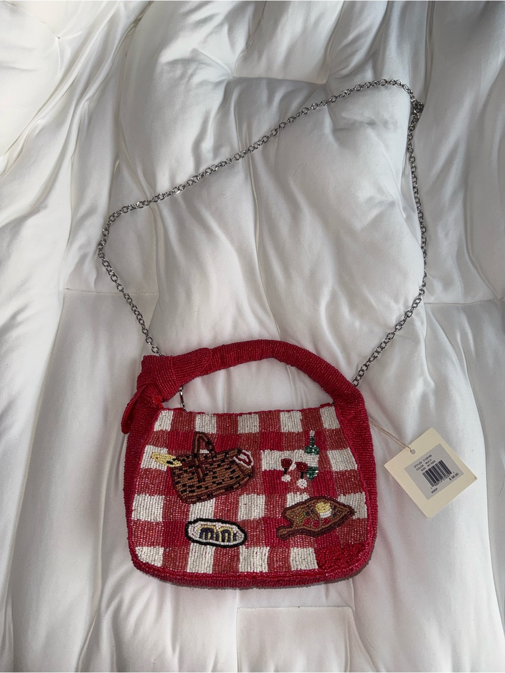 Red and White Checkered Picnic Beaded Handbag Handmade in India New with Tags